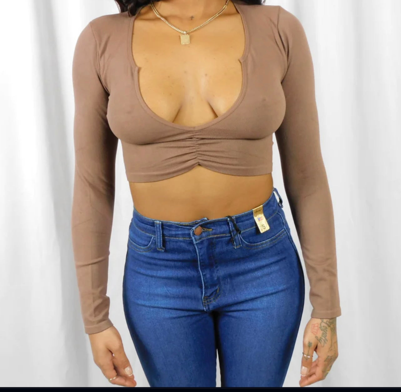 Deep cut Corp Top Tan